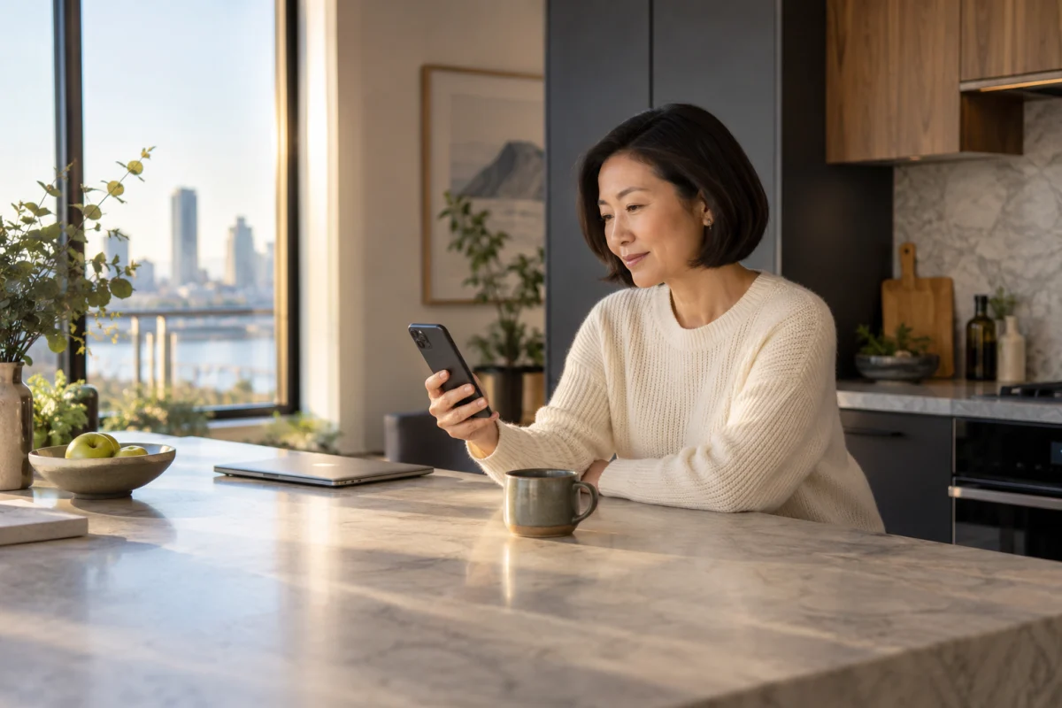 Une entrepreneure consulte son téléphone autour d’un café, dans sa cuisine baignée de lumière.