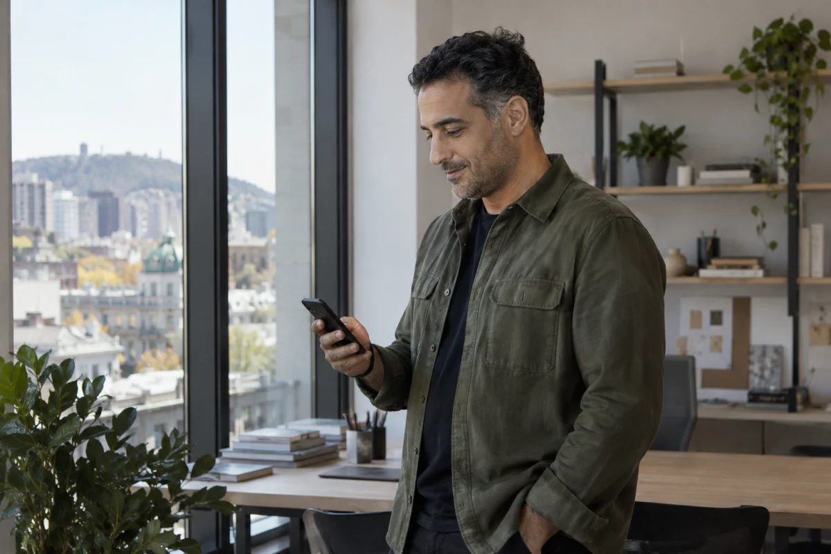 Un entrepreneur lit un message sur son téléphone près d’une fenêtre dans son studio.