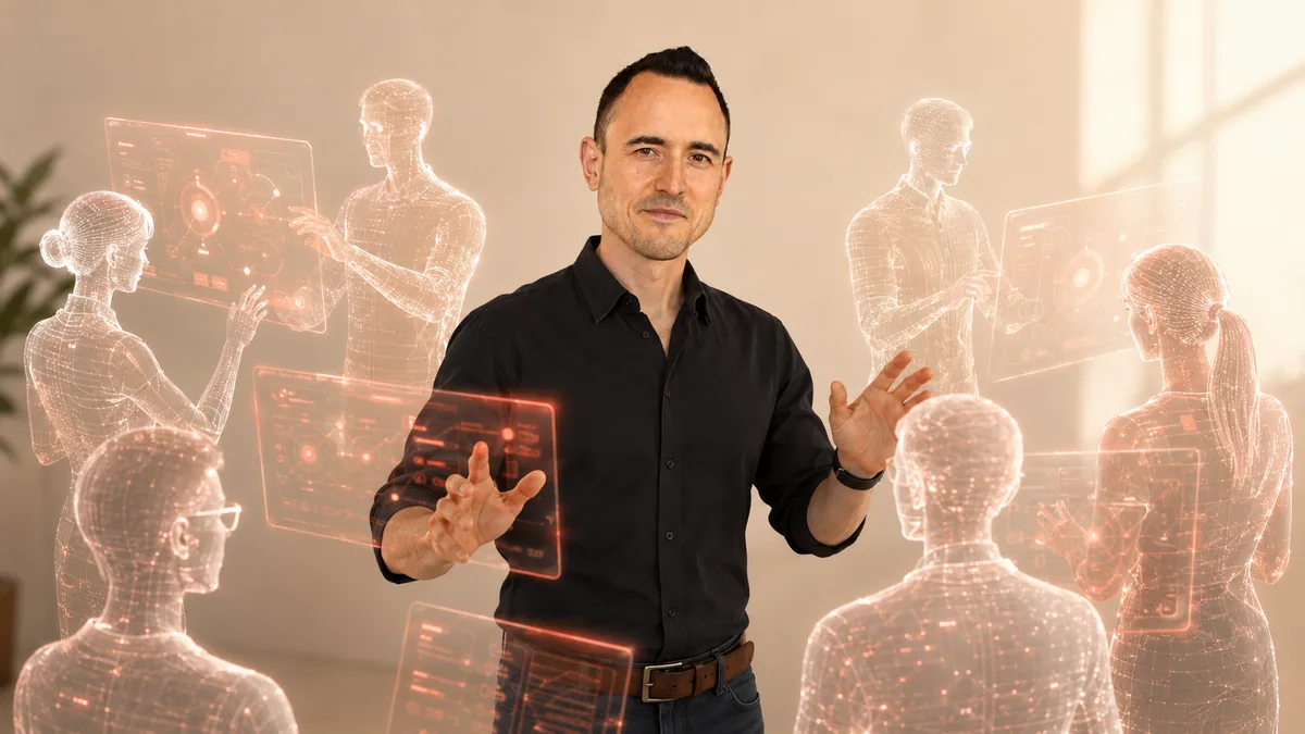 Julien Klein, calme, orientant son équipe d'agents IA